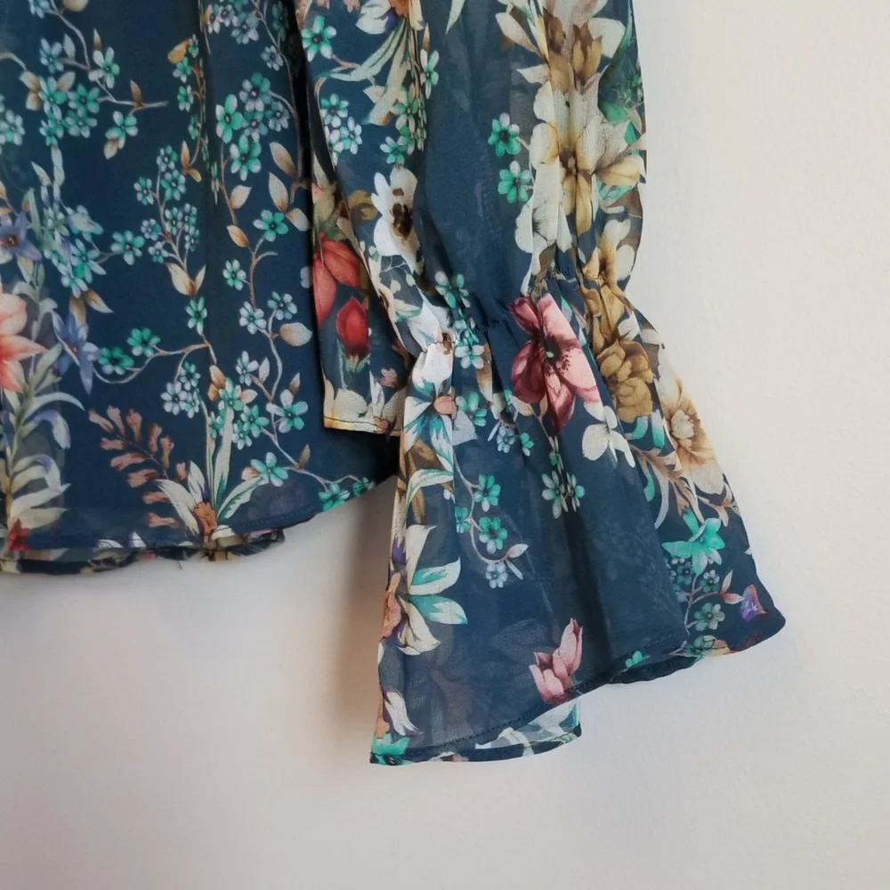 Anthropologie Eri + Ali Blue Boho Floral Velma Blouse Top Size Small Long Sleeve - Picture 5 of 11